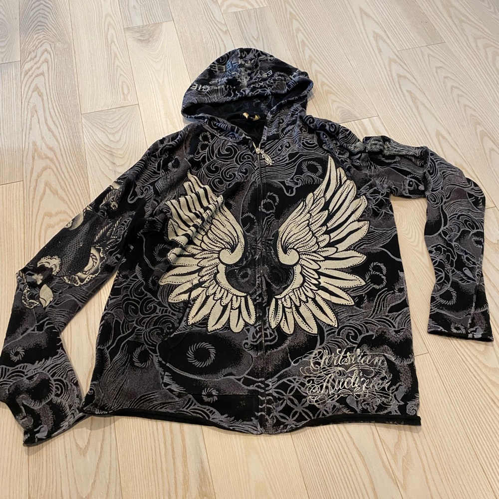Christian Audigier Men’s Rhinestone Zipper-hooded